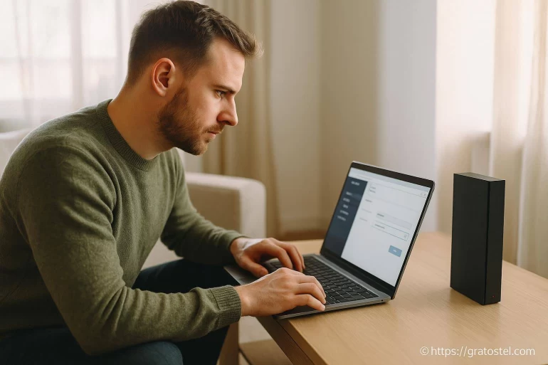 Homme concentré sur ordinateur portable