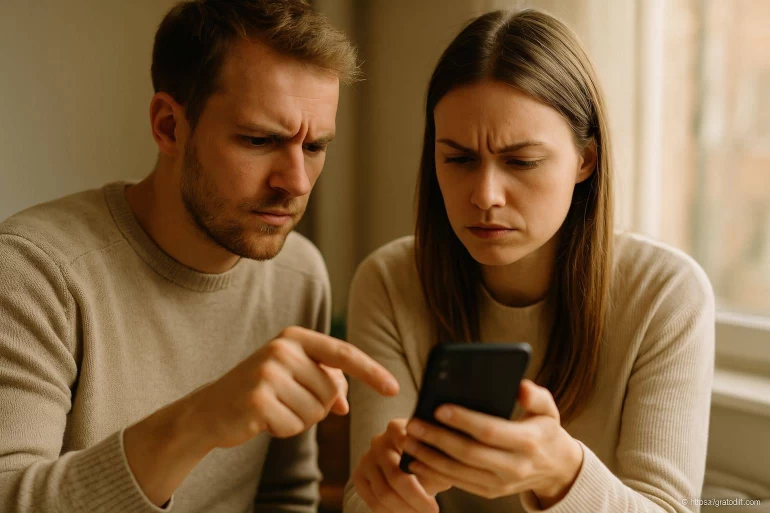 Couple inquiet regardant un smartphone