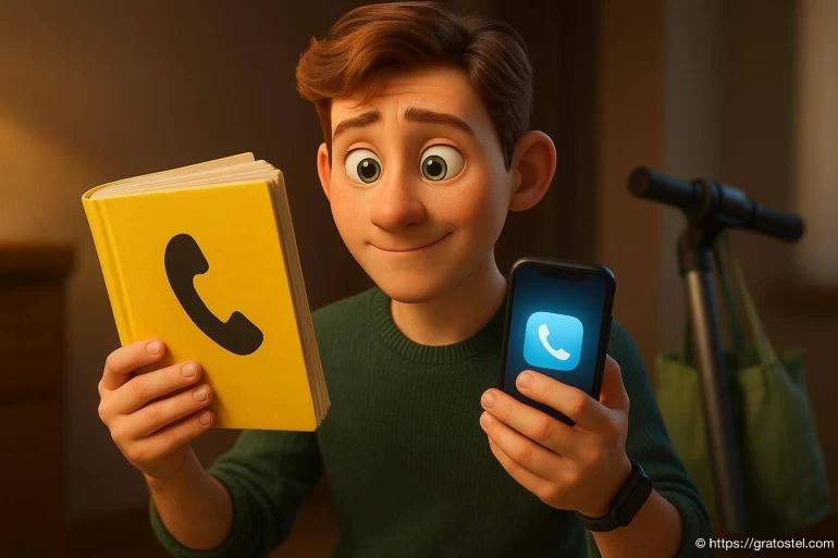 Jeune homme comparant annuaire papier et smartphone