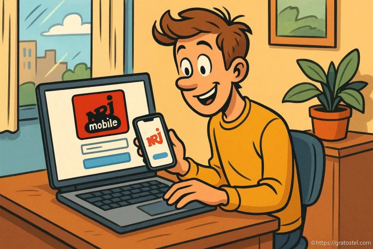 Jeune homme utilisant NRJ Mobile sur ordinateur et smartphone
