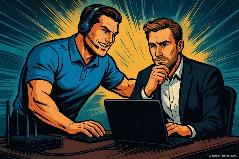 Technicien informatique aidant un client perplexe