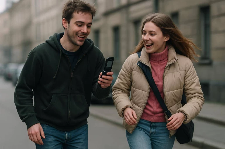 Jeune couple riant avec téléphone à clapet