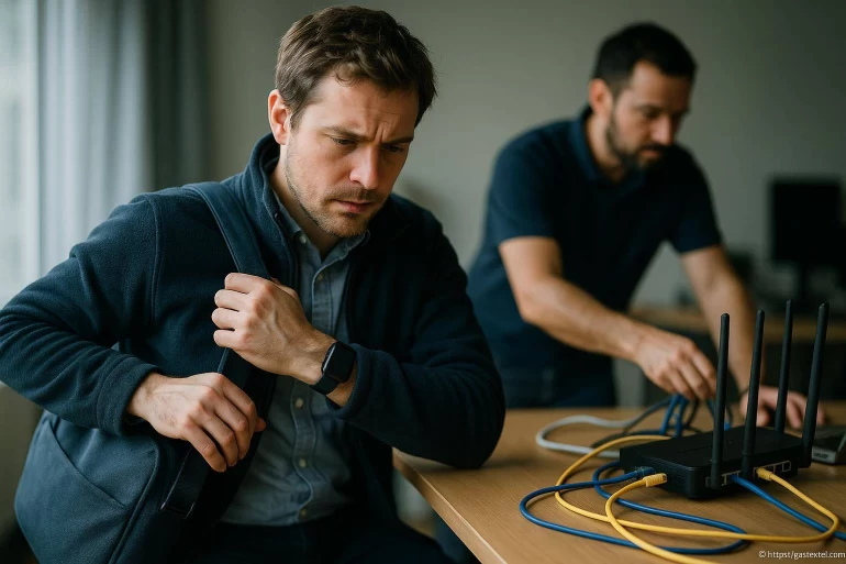 Homme préoccupé devant routeur WiFi