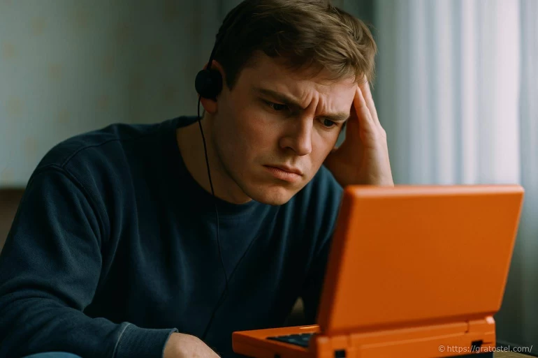 Jeune homme concentré devant console portable