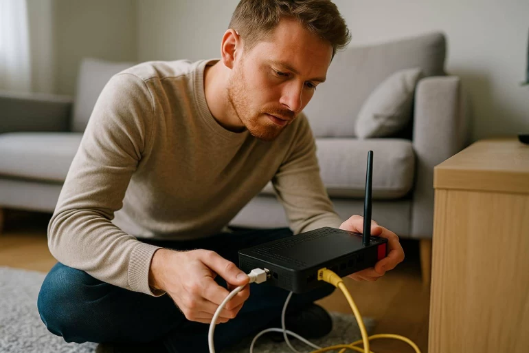 Homme connectant un câble à un routeur
