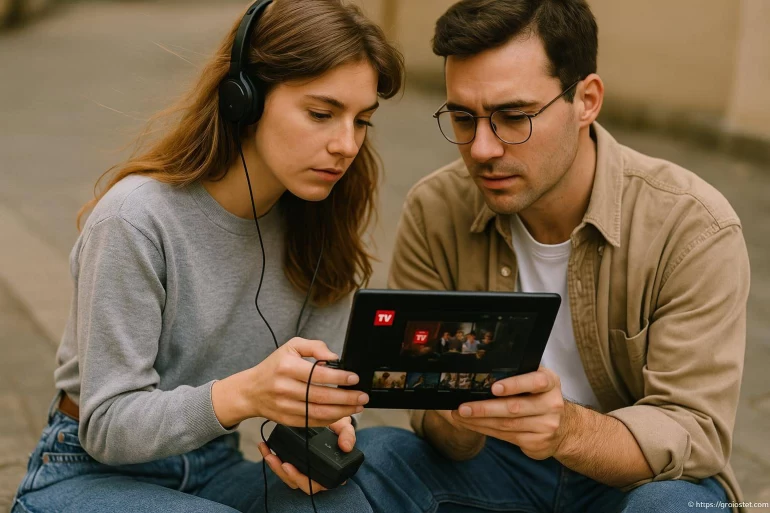 Jeune couple regardant tablette vidéo