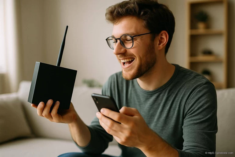 Jeune homme souriant avec routeur wifi