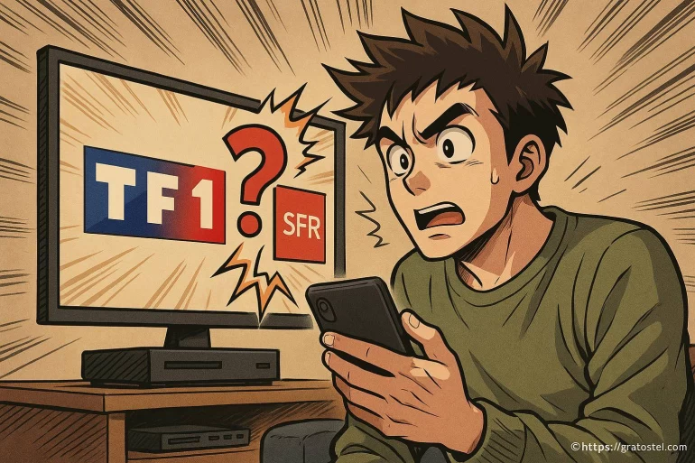 Homme surpris devant écran TF1 et SFR