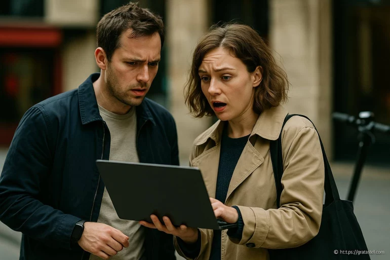 Couple surpris regardant un ordinateur portable