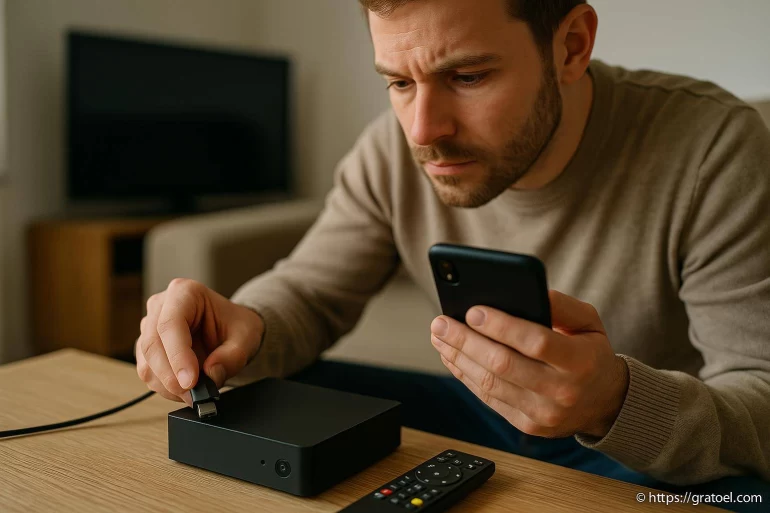 Homme connectant un câble HDMI à un boîtier multimédia