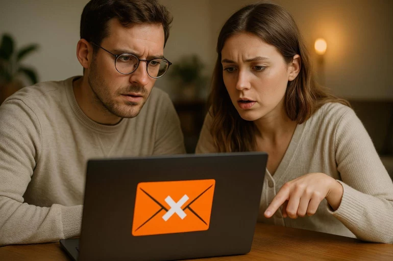 Couple inquiet devant message erreur ordinateur