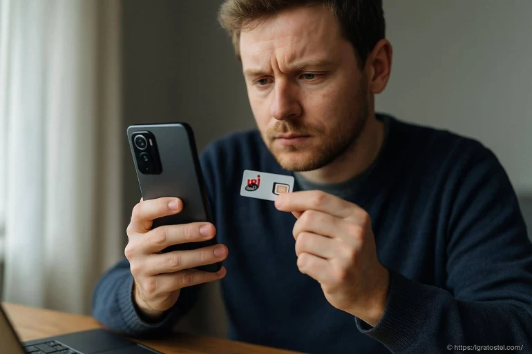 Homme vérifiant carte SIM avec smartphone
