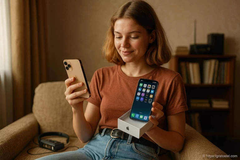 Jeune femme avec nouveau smartphone Apple