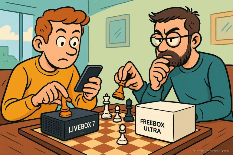 Deux hommes jouent aux échecs avec des box internet