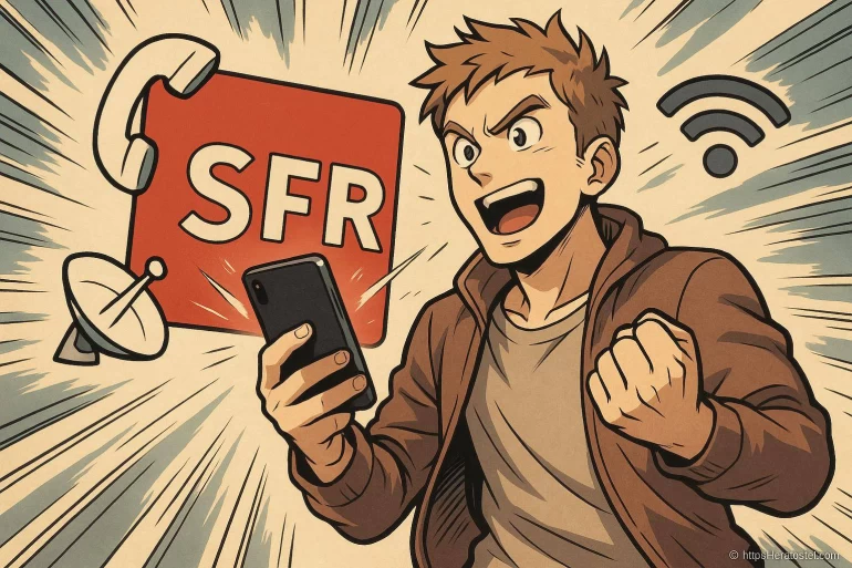 Jeune homme heureux avec smartphone et logo SFR