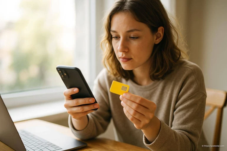 Femme utilisant smartphone et carte bancaire