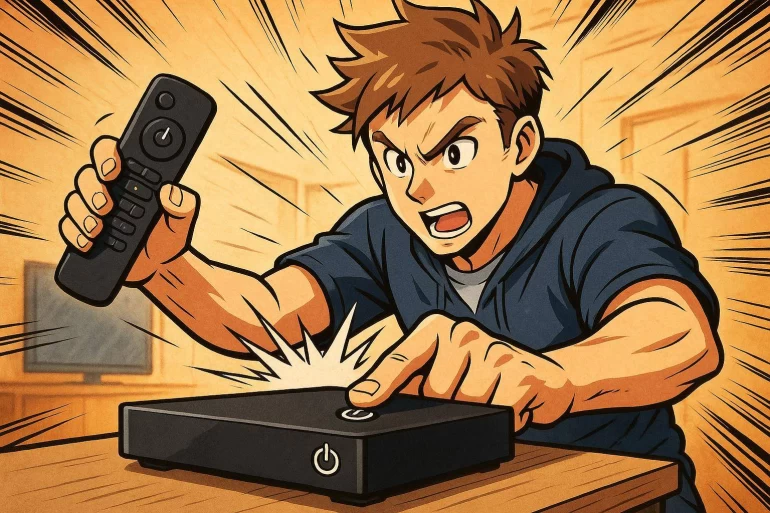 Jeune homme frustré allumant décodeur TV