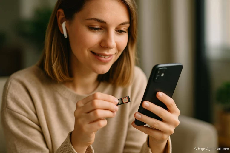 Femme insérant une carte SIM dans un smartphone