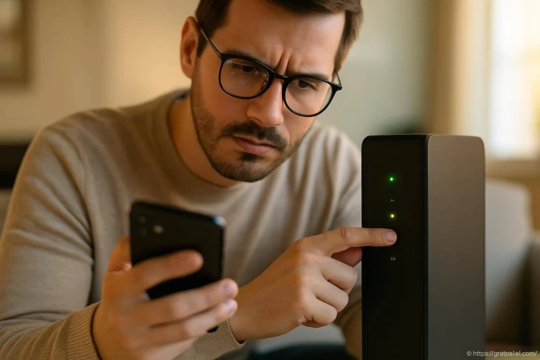 Homme vérifiant modem avec smartphone