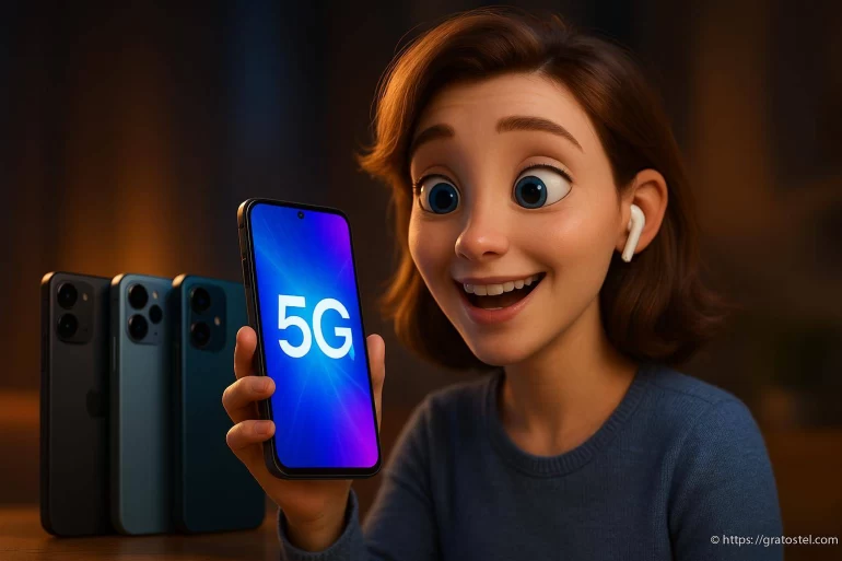 Jeune femme souriante avec smartphone 5G