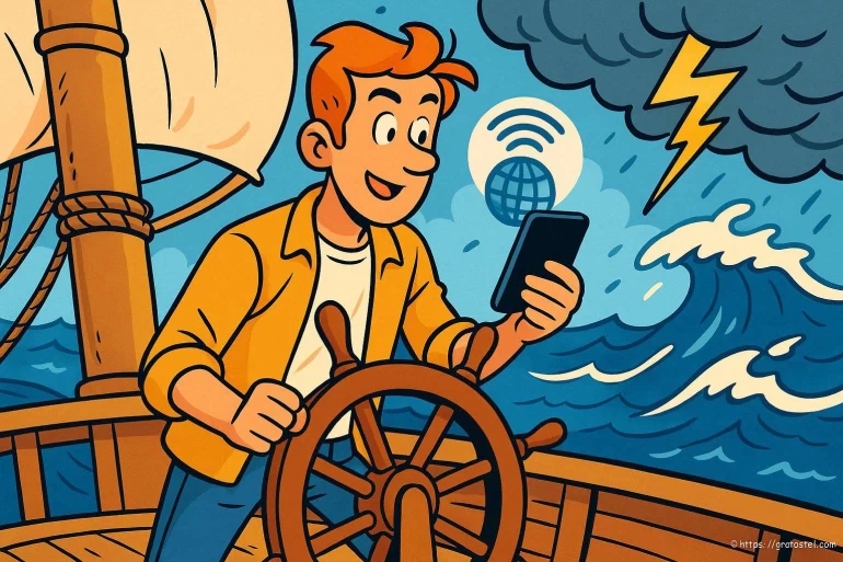 Homme naviguant avec smartphone en mer agitée
