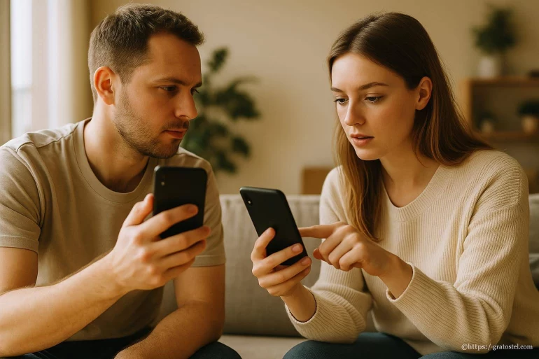 Couple utilisant smartphones ensemble