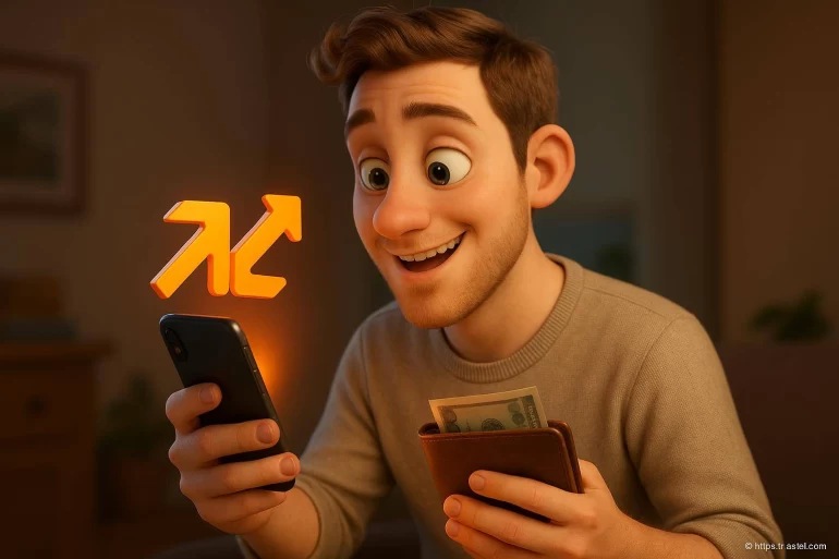 Jeune homme souriant utilisant smartphone et portefeuille