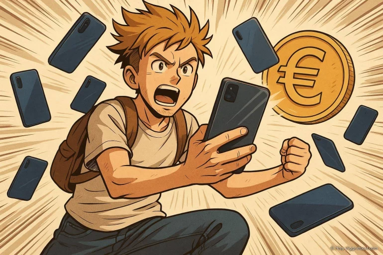 Jeune homme anime avec smartphone et euro
