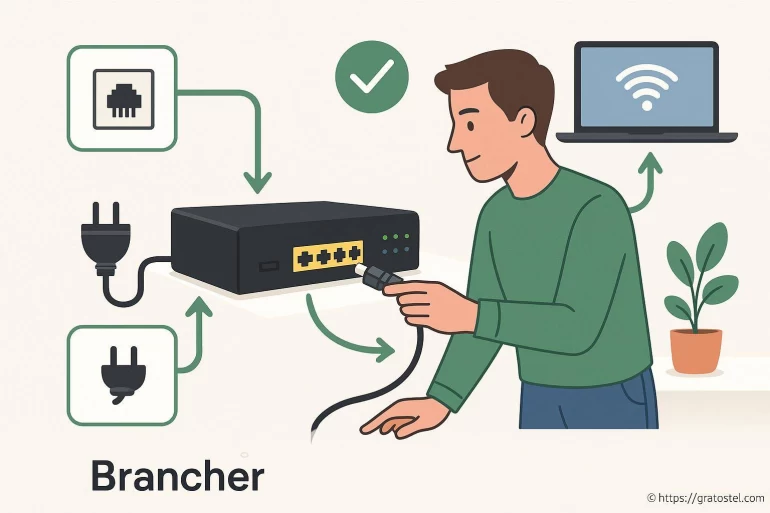 Homme connectant un routeur internet