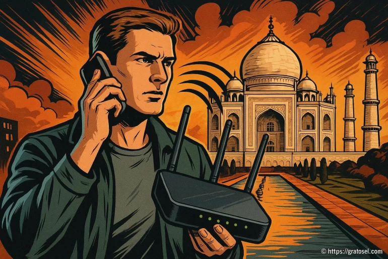 Homme avec routeur devant Taj Mahal
