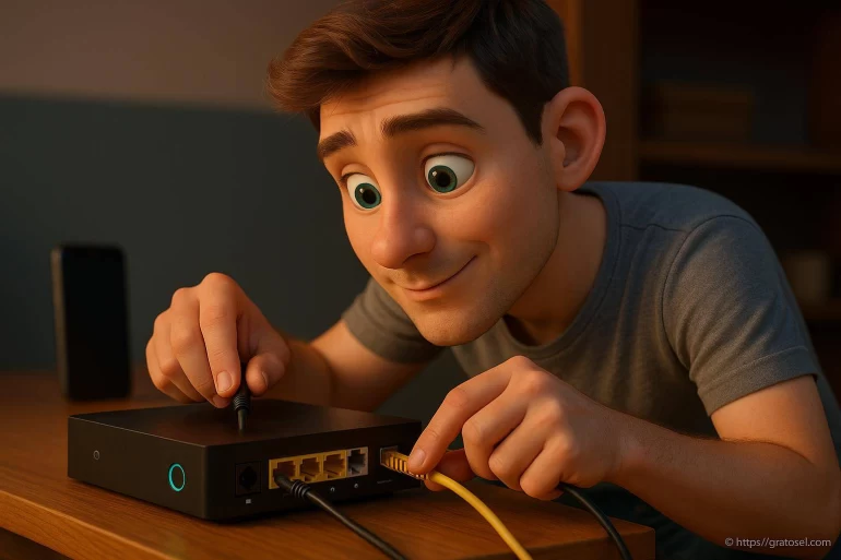 Jeune homme connectant un câble réseau