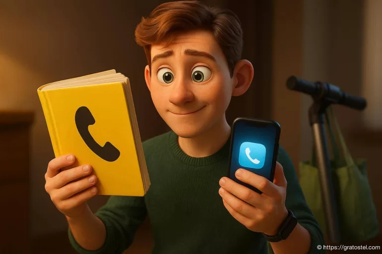 Jeune homme comparant annuaire papier et smartphone