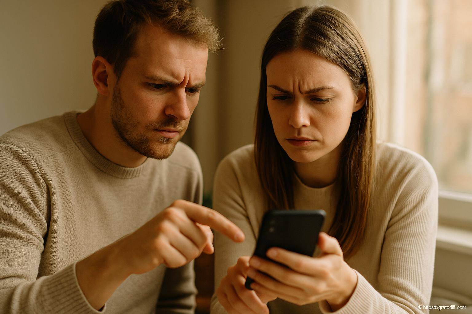 couple inquiet regardant un smartphone