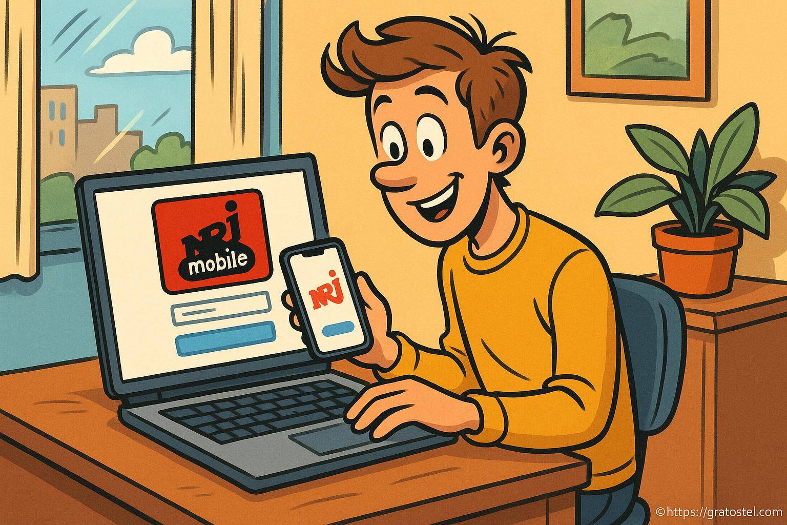 Jeune homme utilisant NRJ Mobile sur ordinateur et smartphone