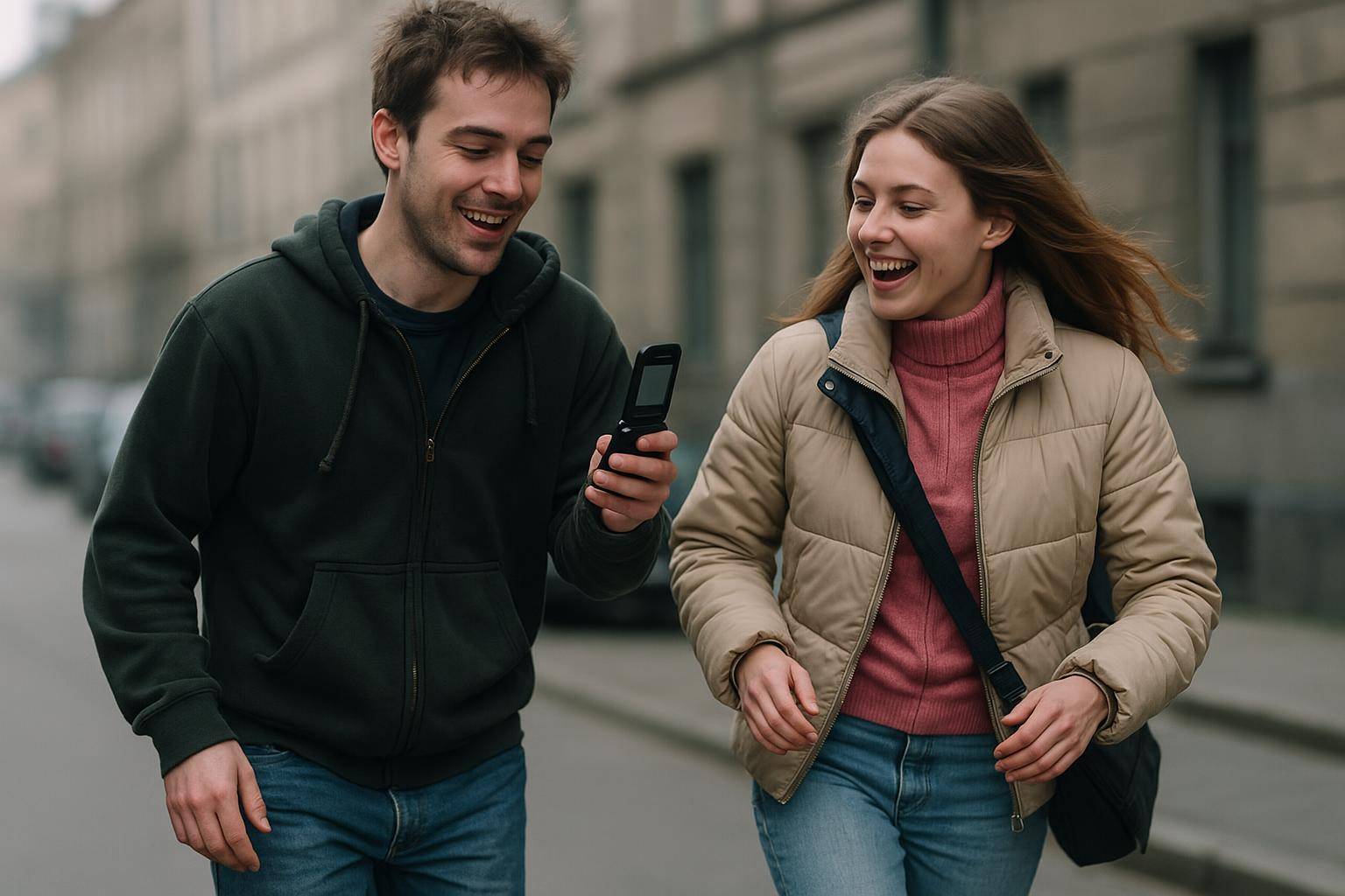 jeune couple riant avec téléphone à clapet