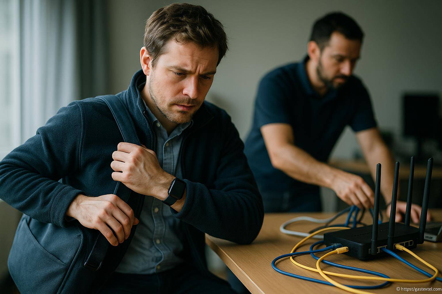 Homme préoccupé devant routeur WiFi