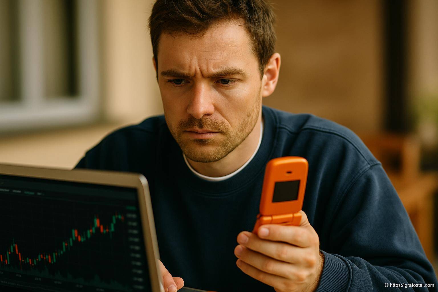Homme concentré regardant un téléphone à clapet