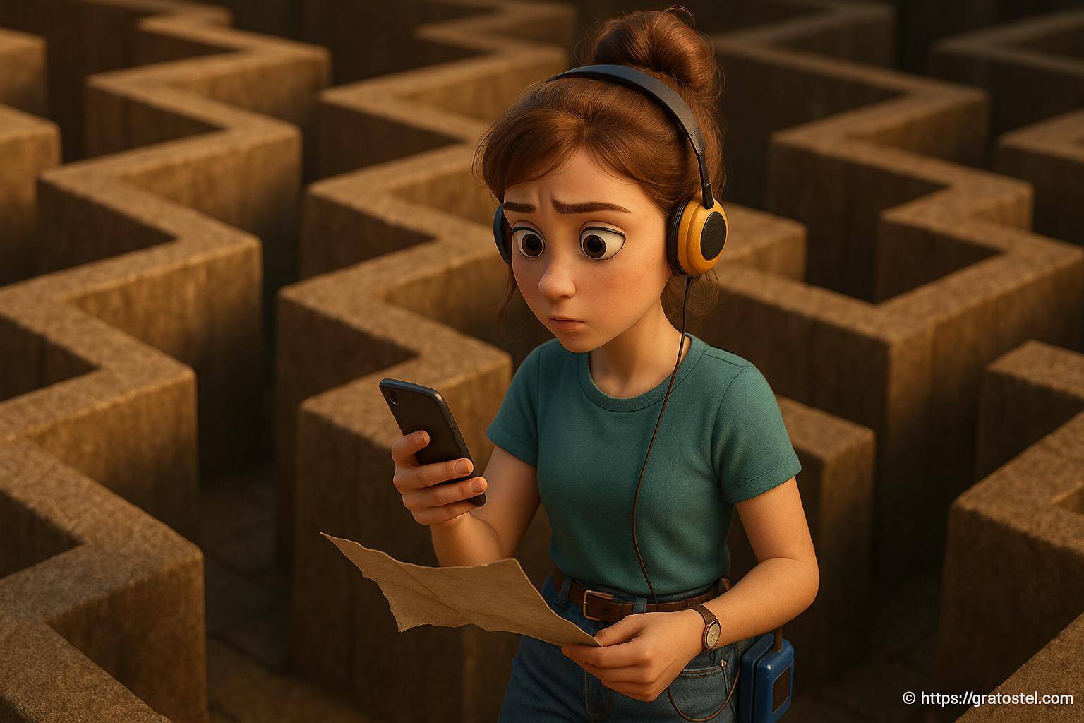 femme dans un labyrinthe avec smartphone