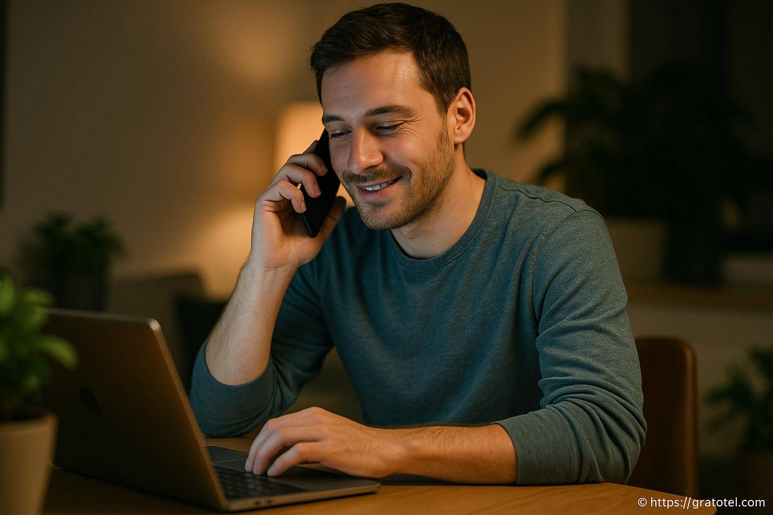 Homme souriant au téléphone avec ordinateur
