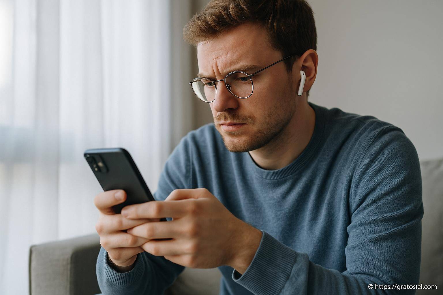 Homme concentré avec smartphone et écouteurs
