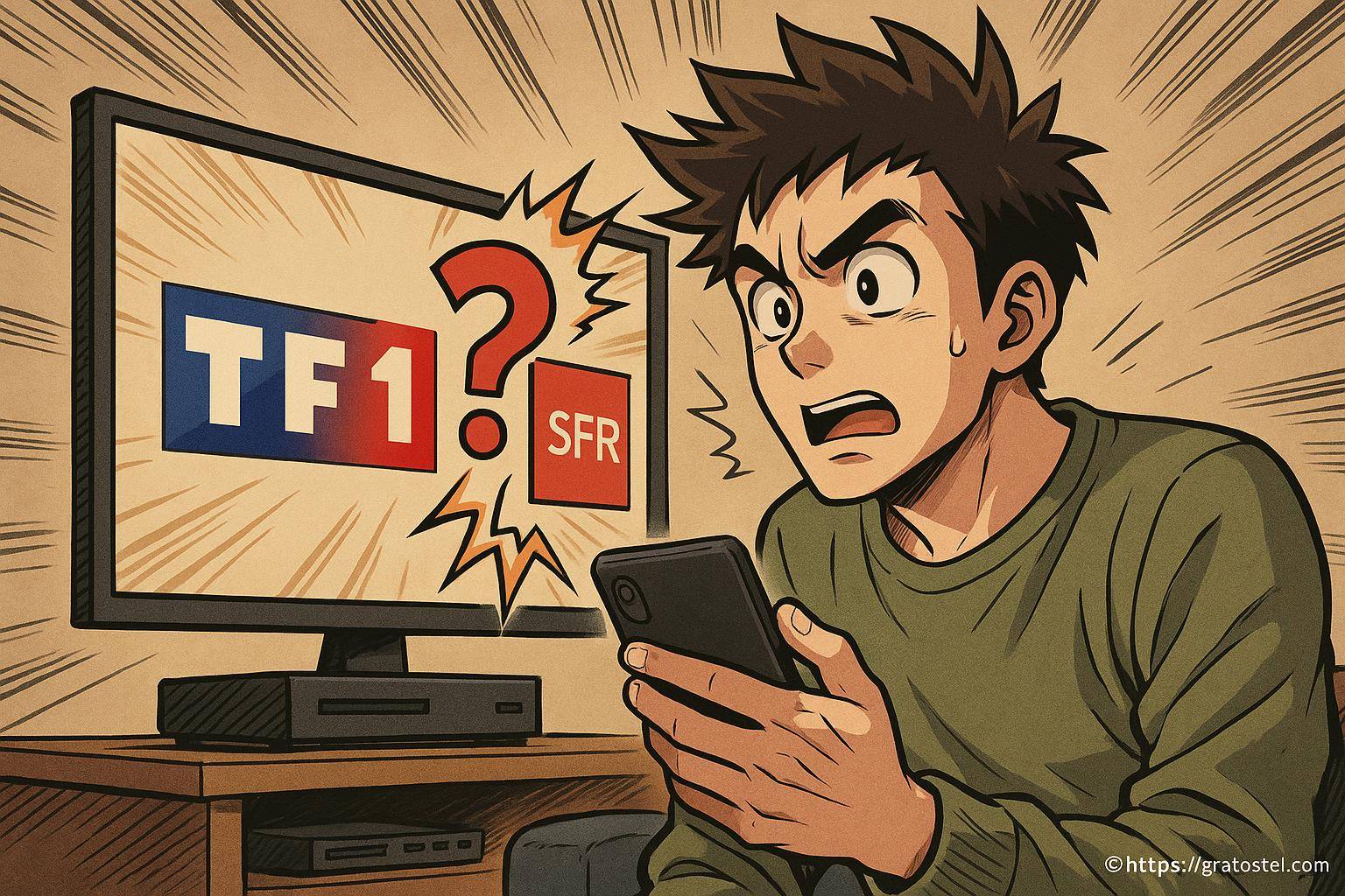 Homme surpris devant écran TF1 et SFR