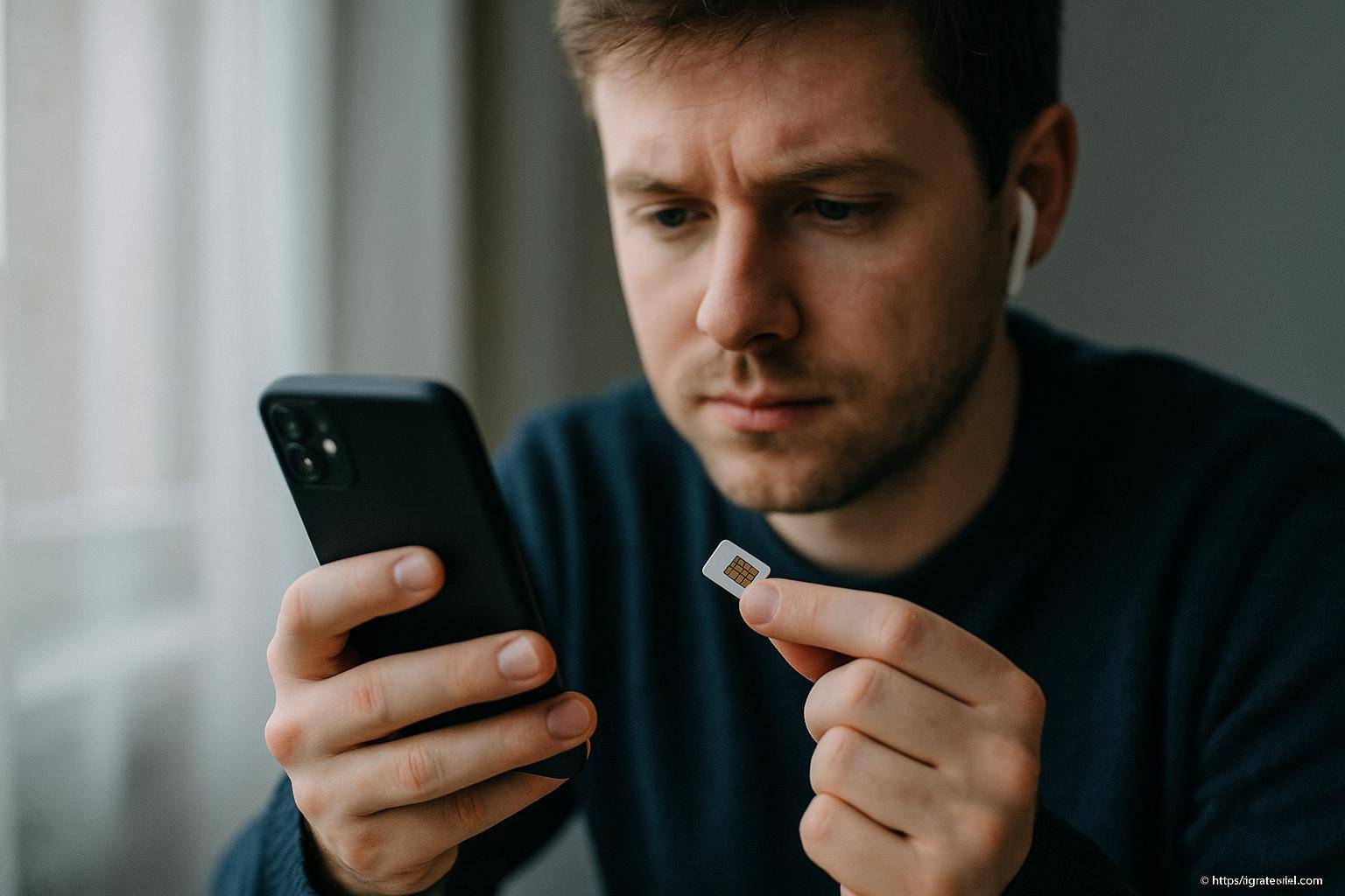 Homme insérant une carte SIM dans un smartphone