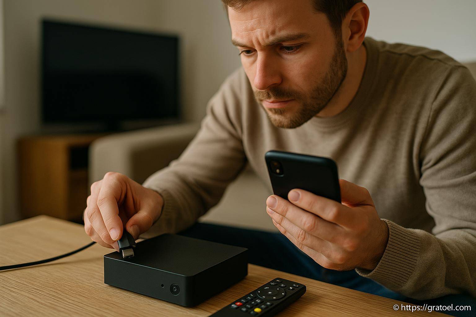 Homme connectant un câble HDMI à un boîtier multimédia
