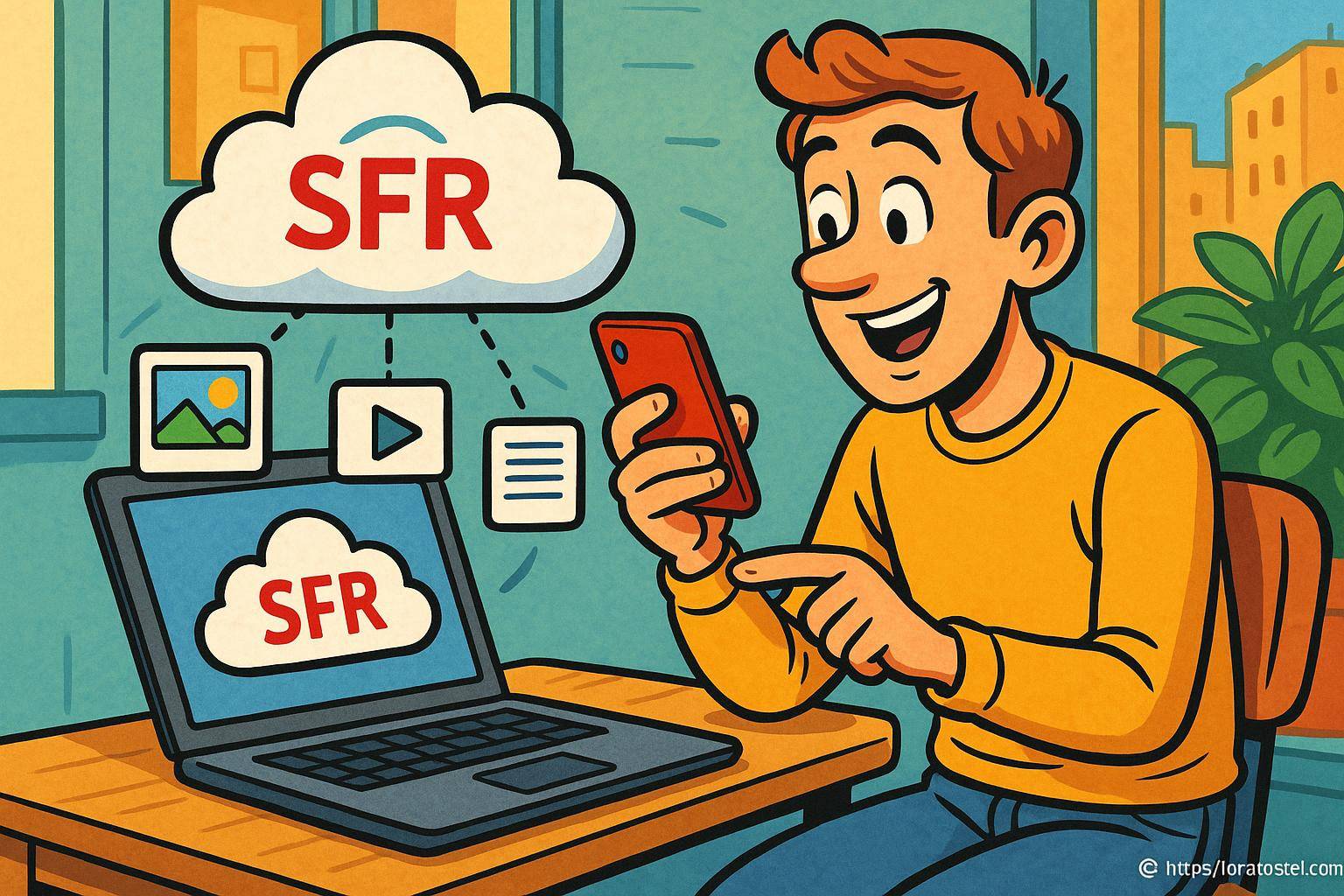 Homme utilisant cloud SFR sur smartphone et PC