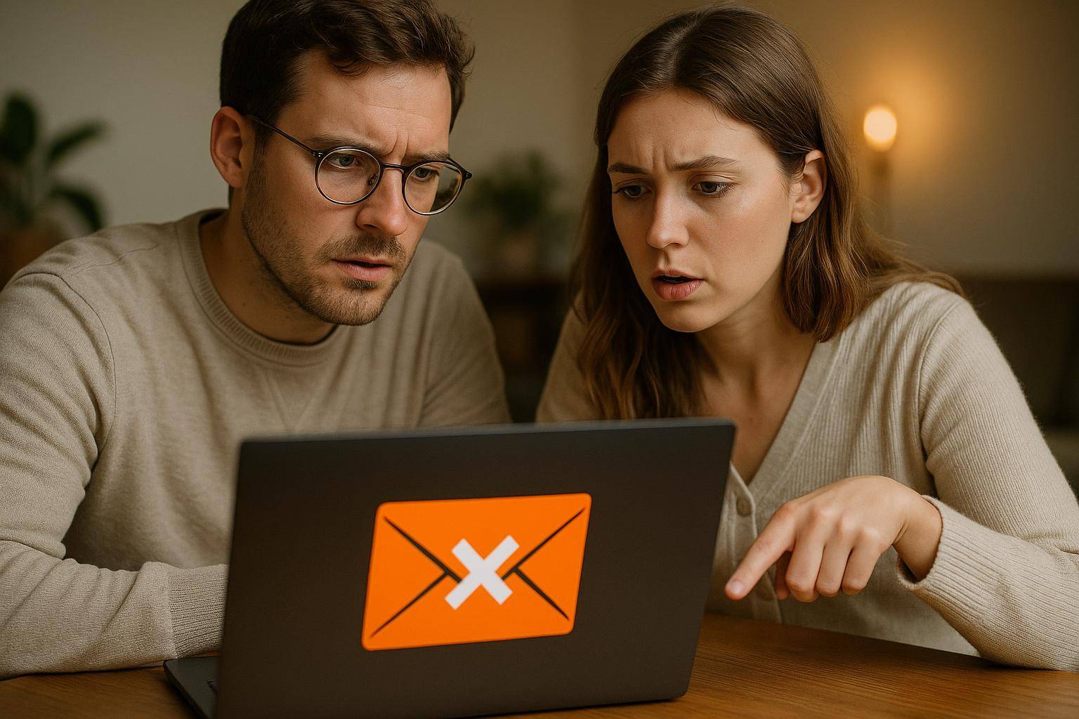 Couple inquiet devant message erreur ordinateur