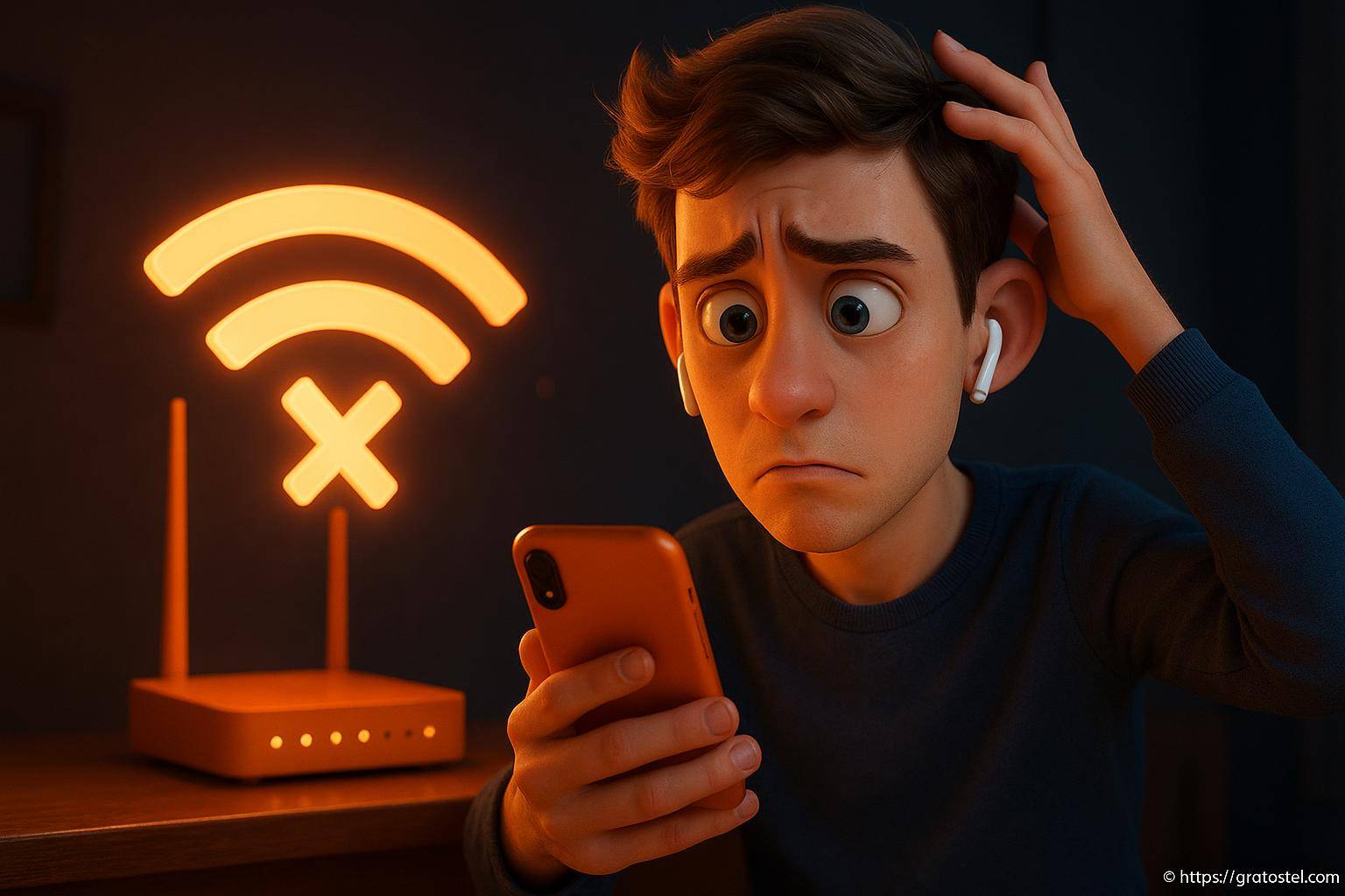 Jeune homme inquiet sans connexion wifi