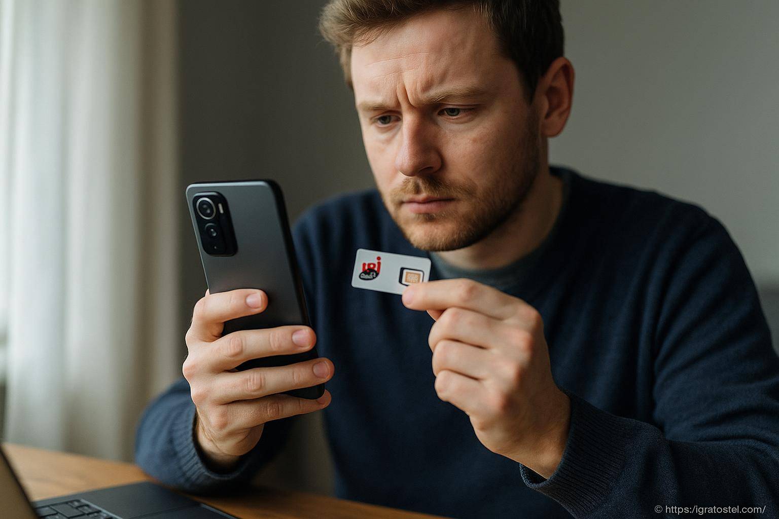 Homme vérifiant carte SIM avec smartphone