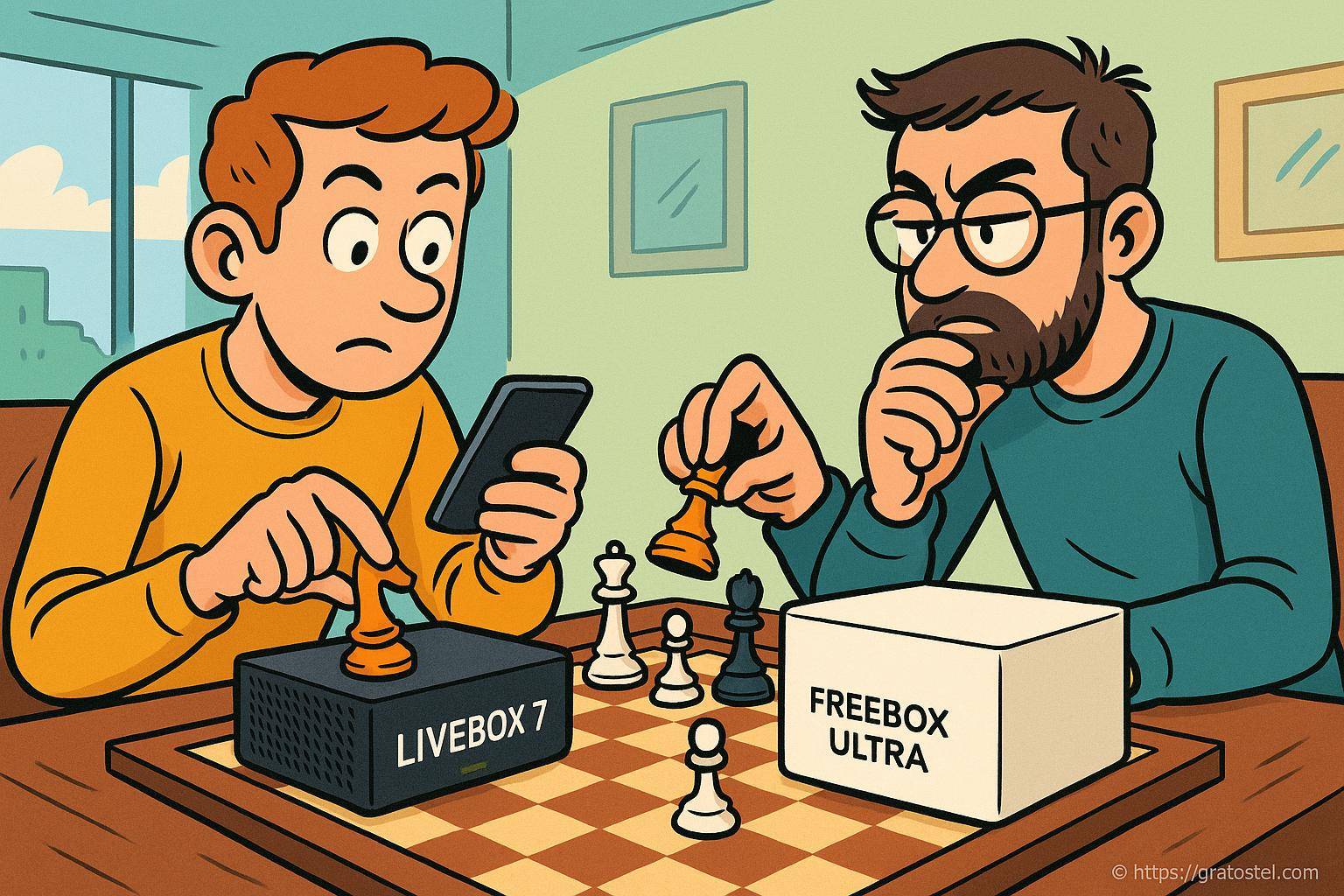 Deux hommes jouent aux échecs avec des box internet