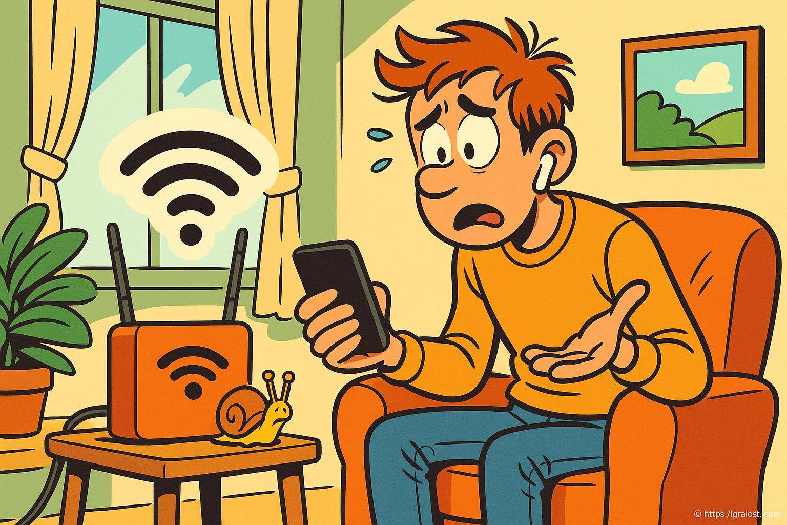 Homme frustré wifi lent avec escargot