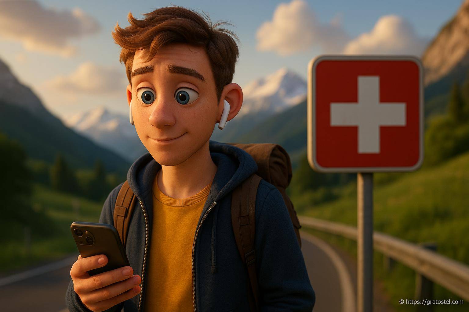 Jeune homme avec smartphone en montagne